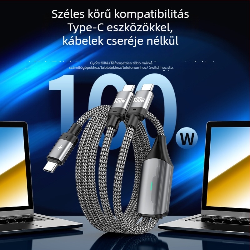 PD100W töltőkábel két kimenettel, Lightning és USB-C csatlakozókkal, szövött anyagú, 1 vagy 2 méteres hossz