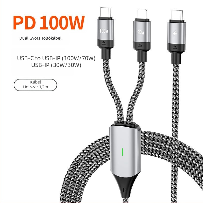 PD100W töltőkábel két kimenettel, Lightning és USB-C csatlakozókkal, szövött anyagú, 1 vagy 2 méteres hossz