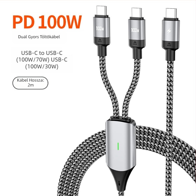 PD100W töltőkábel két kimenettel, Lightning és USB-C csatlakozókkal, szövött anyagú, 1 vagy 2 méteres hossz