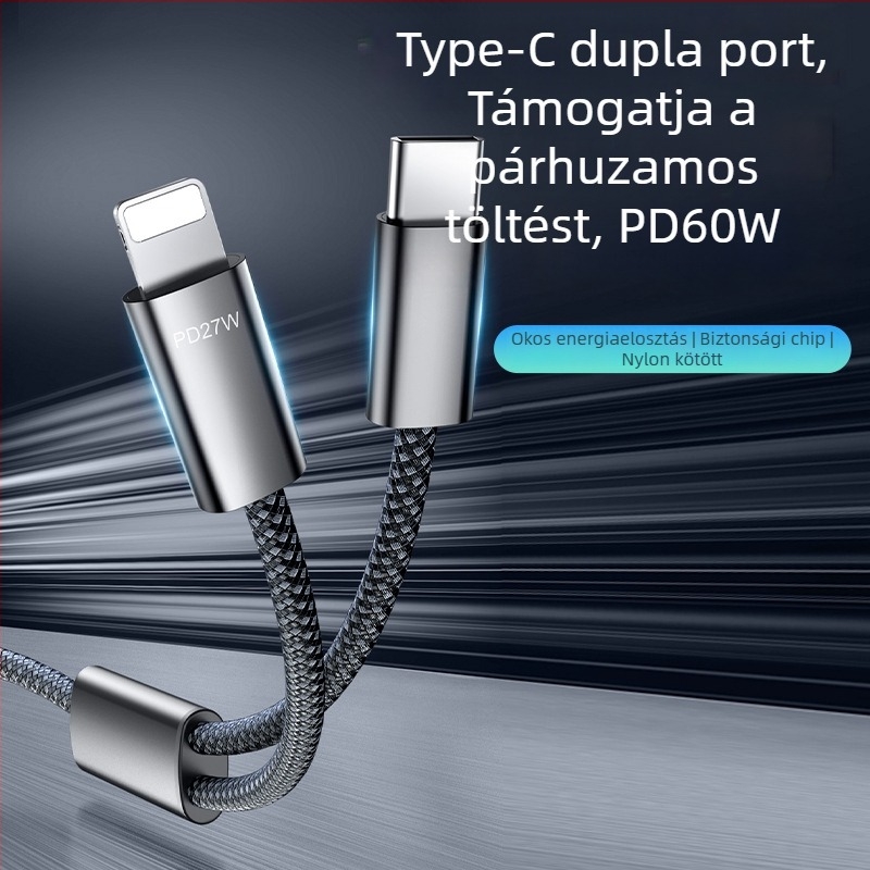 Type-C-től Dual-C-ig adatkábel, 60W gyors töltés, PD 27W, kétportos, két fejű