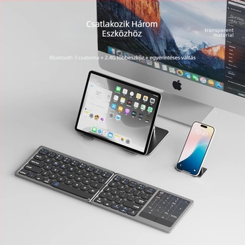 Összecsukható Bluetooth billentyűzet érintőpaddal, univerzális Apple- és Android-kompatibilitás, akár 3 eszközzel egyszerre párosítható, súly 300 g