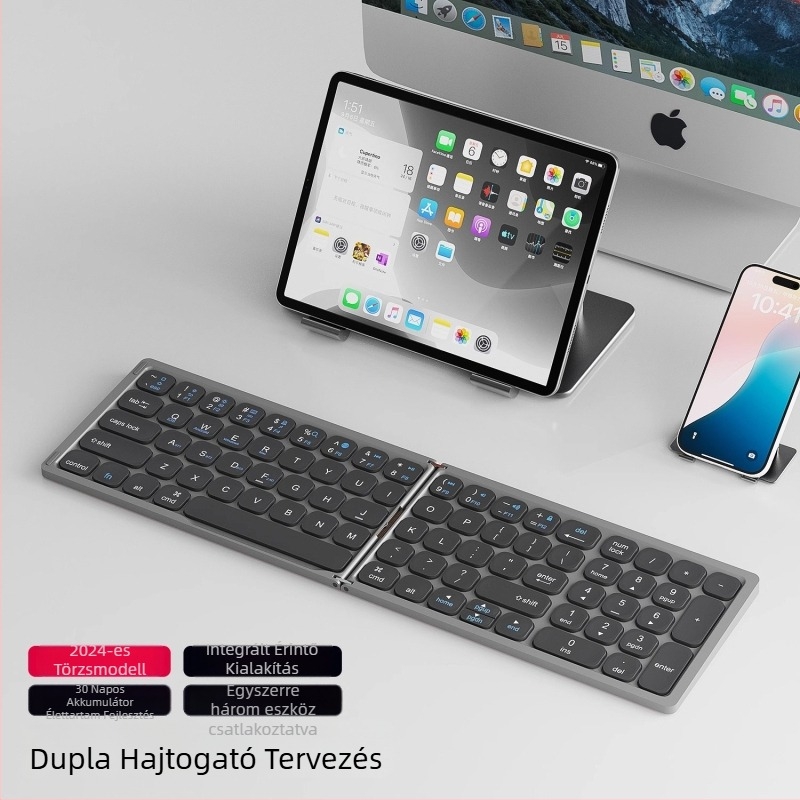 Összecsukható Bluetooth billentyűzet érintőpaddal, univerzális Apple- és Android-kompatibilitás, akár 3 eszközzel egyszerre párosítható, súly 300 g