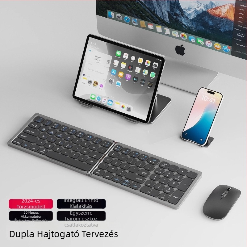 Összecsukható Bluetooth billentyűzet érintőpaddal, univerzális Apple- és Android-kompatibilitás, akár 3 eszközzel egyszerre párosítható, súly 300 g
