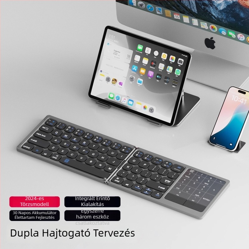 Összecsukható Bluetooth billentyűzet érintőpaddal, univerzális Apple- és Android-kompatibilitás, akár 3 eszközzel egyszerre párosítható, súly 300 g