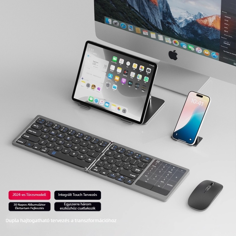 Összecsukható Bluetooth billentyűzet érintőpaddal, univerzális Apple- és Android-kompatibilitás, akár 3 eszközzel egyszerre párosítható, súly 300 g