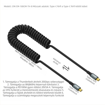 Type-C–Type-C adatkábel rugós kivitelben, 1,8 m, 100W PD, 20Gbps, USB-C 3.1