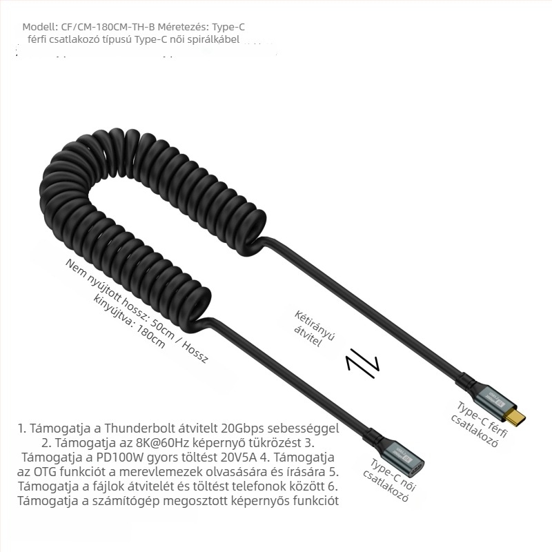 Type-C–Type-C adatkábel rugós kivitelben, 1,8 m, 100W PD, 20Gbps, USB-C 3.1