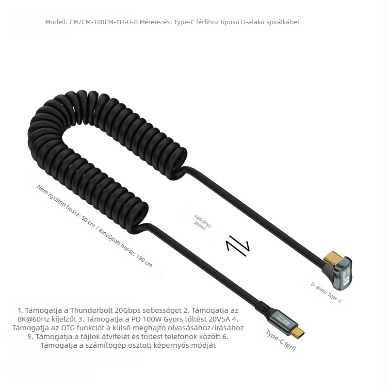 Type-C–Type-C adatkábel rugós kivitelben, 1,8 m, 100W PD, 20Gbps, USB-C 3.1