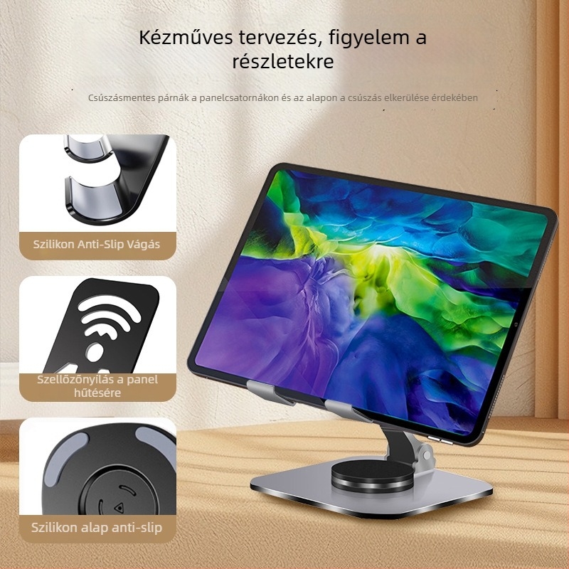 Asztali tartó telefonok és tabletákhoz, alumíniumötvözetből, 360°-os forgás, hőelvezető dizájn