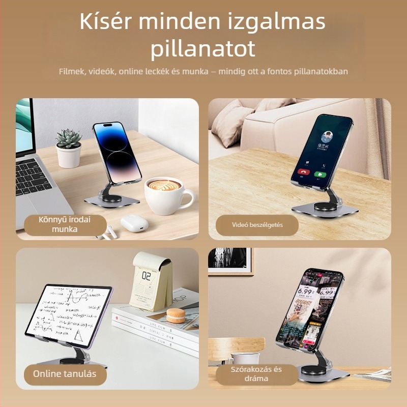 Asztali tartó telefonok és tabletákhoz, alumíniumötvözetből, 360°-os forgás, hőelvezető dizájn