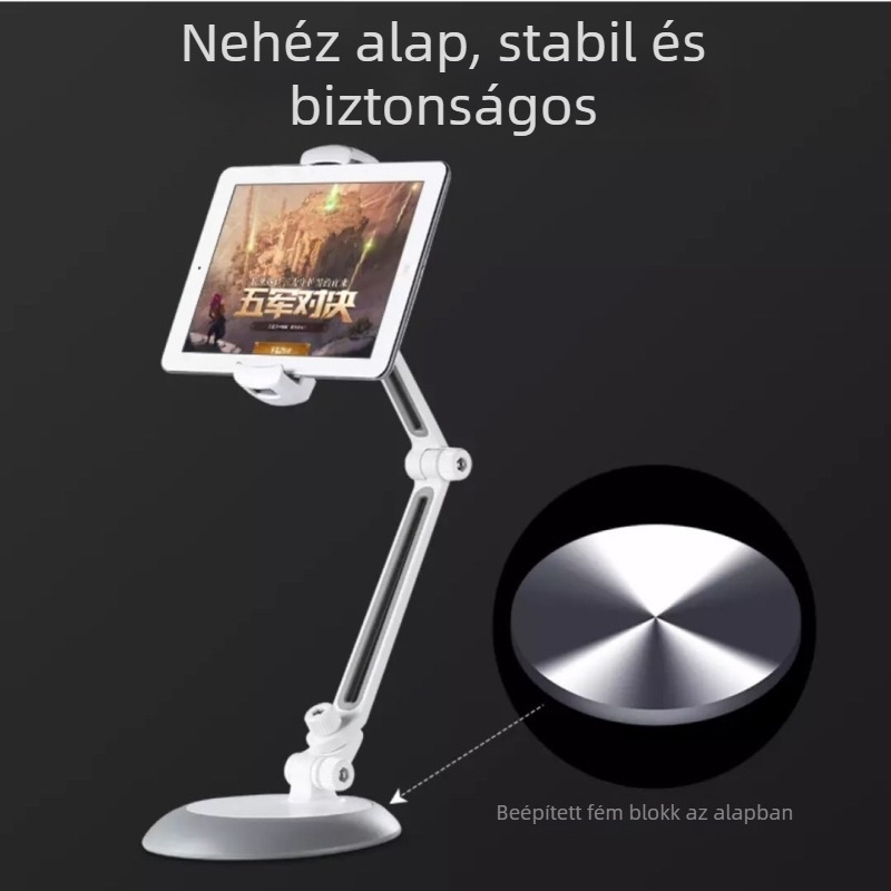 Asztali lámpa-stílusú ötvözet tartó, 360°-ban állítható, univerzális okostelefonokhoz és tabletekhez, asztali állvány emelő típusú (Tidery 165; 1107 g; kompatibil iPhone/iPad)