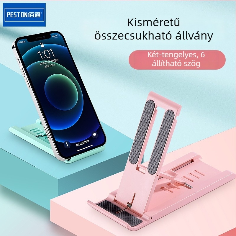 Asztali tartó mobiltelefon és tablet számára, összecsukható, kompakt, toló-húzó mechanizmus, műanyag
