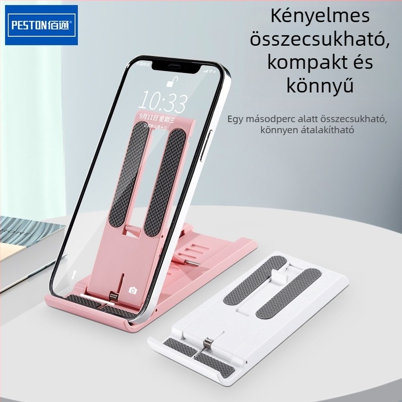 Asztali tartó mobiltelefon és tablet számára, összecsukható, kompakt, toló-húzó mechanizmus, műanyag