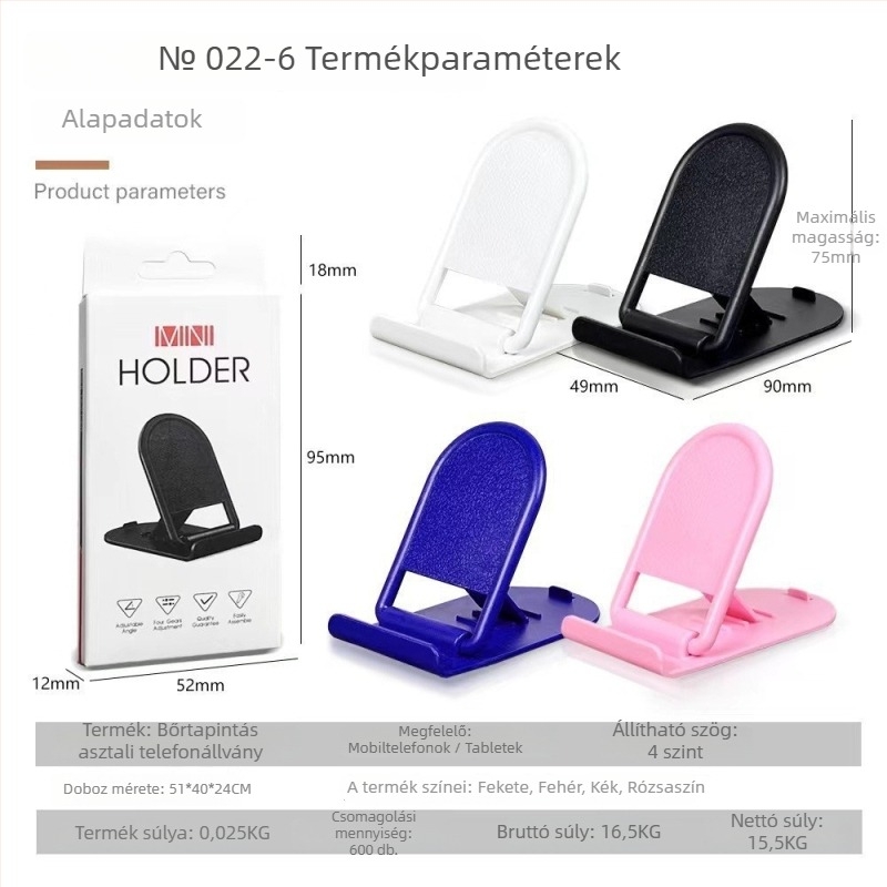 Asztali állvány telefonhoz és tablethez, összecsukható, hordozható, univerzális kialakítás, műanyag szerkezet