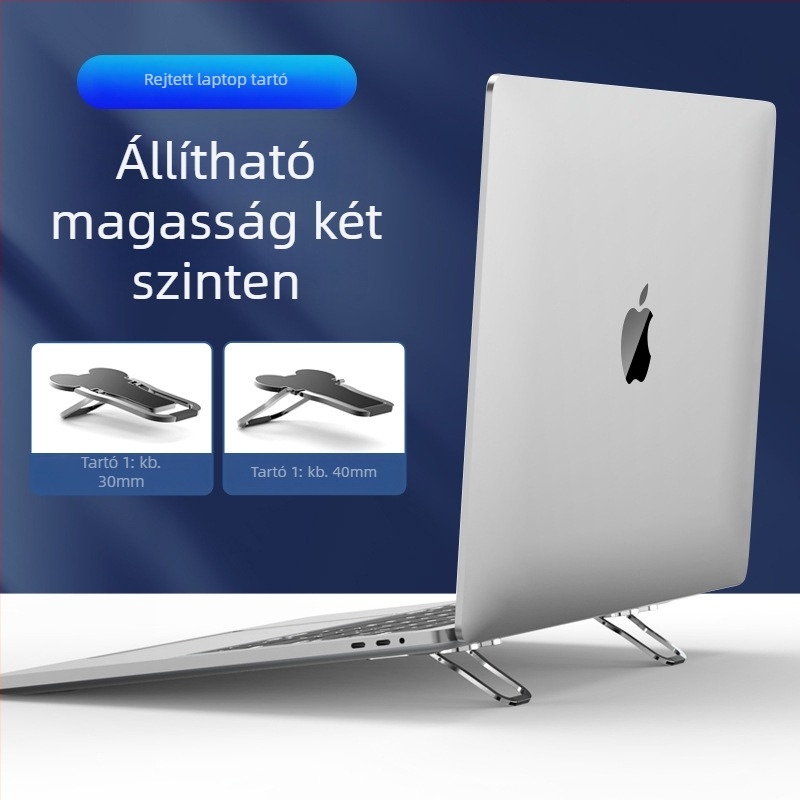 Alumínium ötvözetű notebook állvány, összecsukható, többfunkciós (Méretek 55×30×4 mm; Tömeg 0,3; OEM)