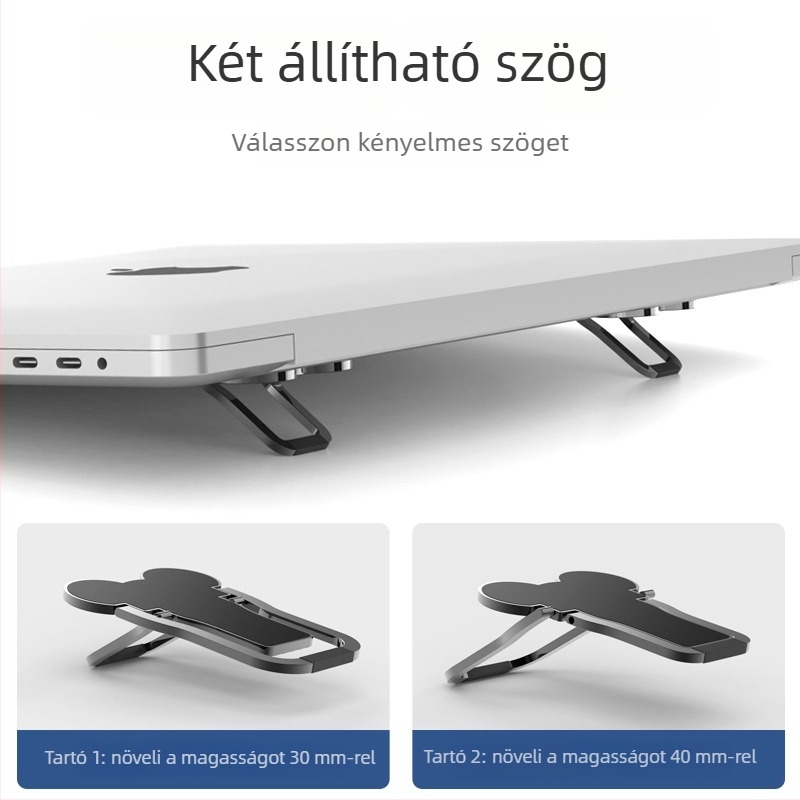 Alumínium ötvözetű notebook állvány, összecsukható, többfunkciós (Méretek 55×30×4 mm; Tömeg 0,3; OEM)