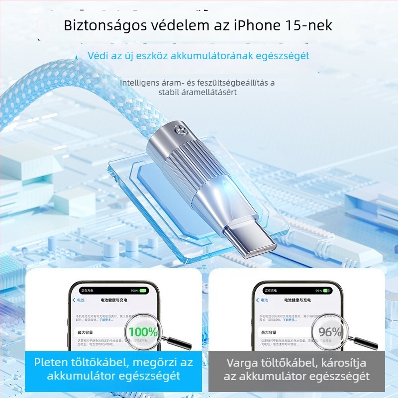 Type-C gyors töltésű adatkábel iPhone 15 és Huawei számára — 100W maximum, szövött kivitel, egyfejű csatlakozó