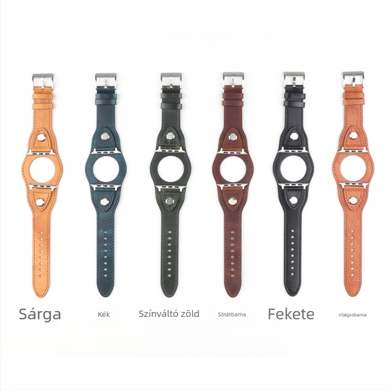 Apple Watch szíj valódi felső bőrrel, szegecses csattal, 22 mm, kompatibilis az Apple Watch 123456 generációval