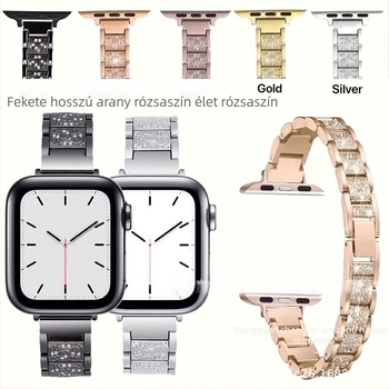 Gyémántokkal díszített fém óraszíj Apple Watch Series 8 számára, 19 cm hosszú, szélesség 20/22 mm
