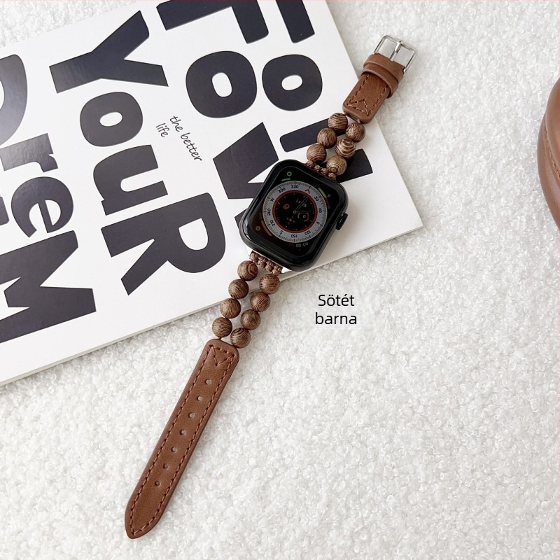 Valódi bőr Apple Watch szíj fa gyöngyökkel, divatos stílus, tűcsattal záródó