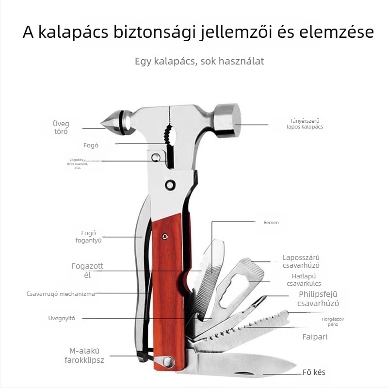 Autó ablaktörő – többfunkciós biztonsági kalapács üvegvágóval, rozsdamentes acélból, súly 0.39