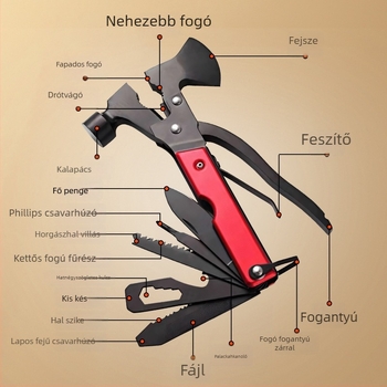 Autómentő vészhelyzeti ablakbetörő kalapács és többfunkciós szerszámkészlet összecsukható késsel és fogóval