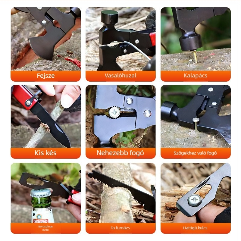 Autómentő vészhelyzeti ablakbetörő kalapács és többfunkciós szerszámkészlet összecsukható késsel és fogóval