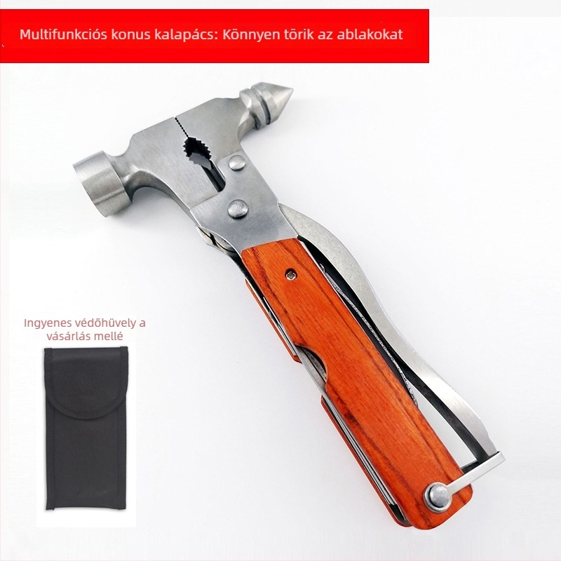 Autómentő vészhelyzeti ablakbetörő kalapács és többfunkciós szerszámkészlet összecsukható késsel és fogóval