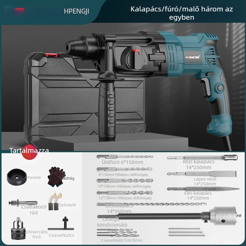 Hengpeng elektromos ütvefúró – 220V, hálózatról, 3 üzemmód: ütőfúrás / sima fúrás / vésés