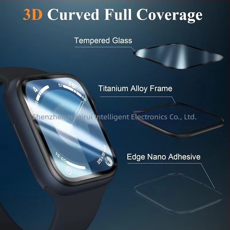 Edzett üveg képernyővédő fólia Apple Watch Series 7/8/9-hez, alumíniumötvözet kerettel
