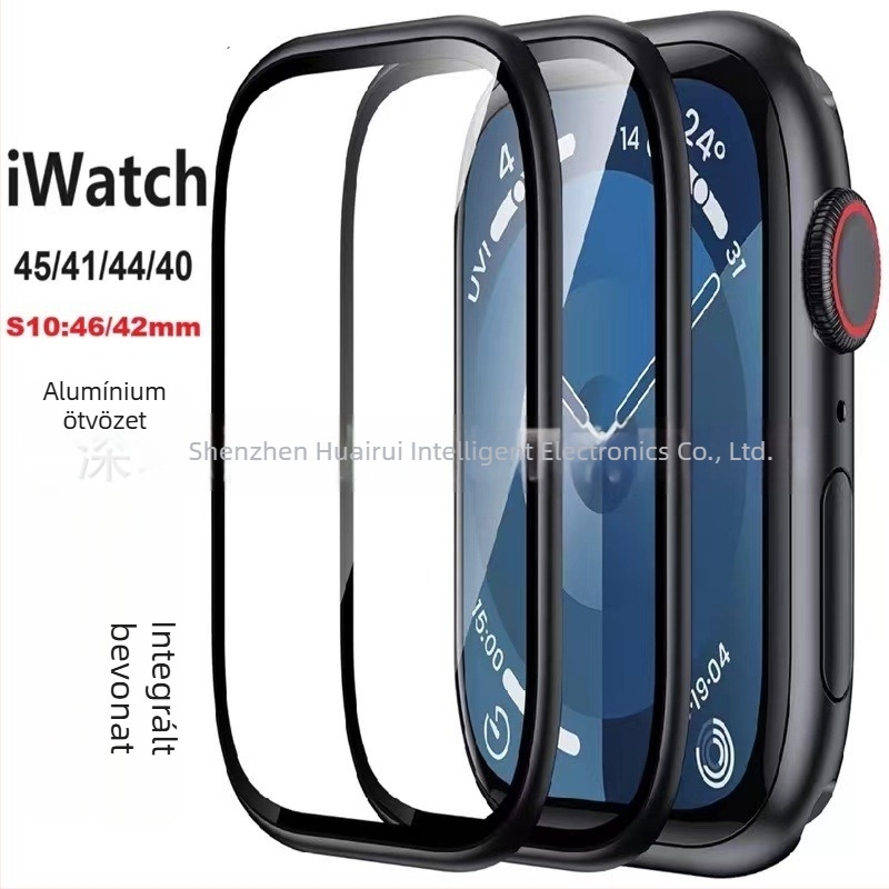 Edzett üveg képernyővédő fólia Apple Watch Series 7/8/9-hez, alumíniumötvözet kerettel