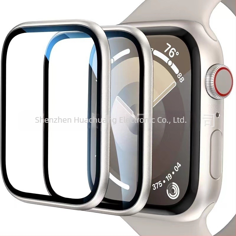 Edzett üveg képernyővédő fólia Apple Watch Series 7/8/9-hez, alumíniumötvözet kerettel