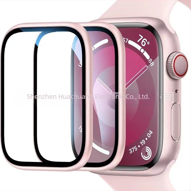 Edzett üveg képernyővédő fólia Apple Watch Series 7/8/9-hez, alumíniumötvözet kerettel