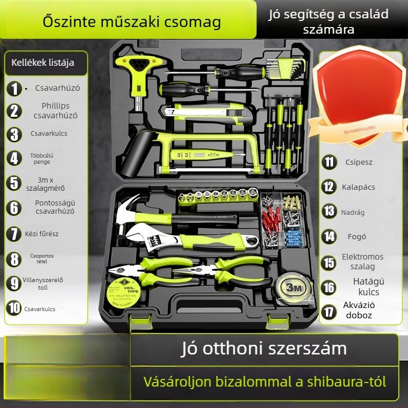 Háztartási szerszámkészlet dobozban, 200+ készlet és ajtózsanér állító kulcs