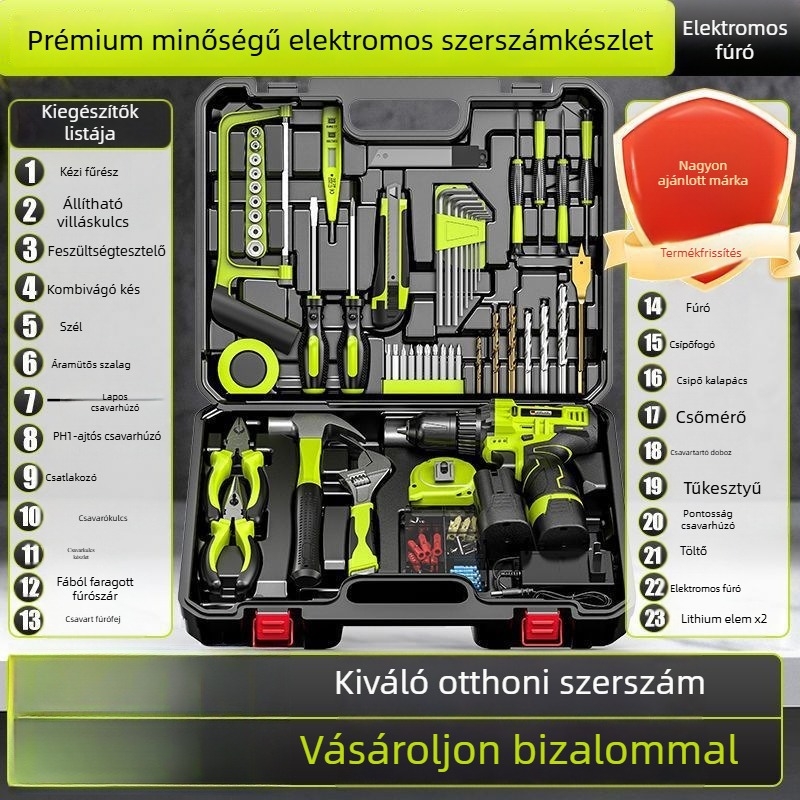 Háztartási szerszámkészlet dobozban, 200+ készlet és ajtózsanér állító kulcs