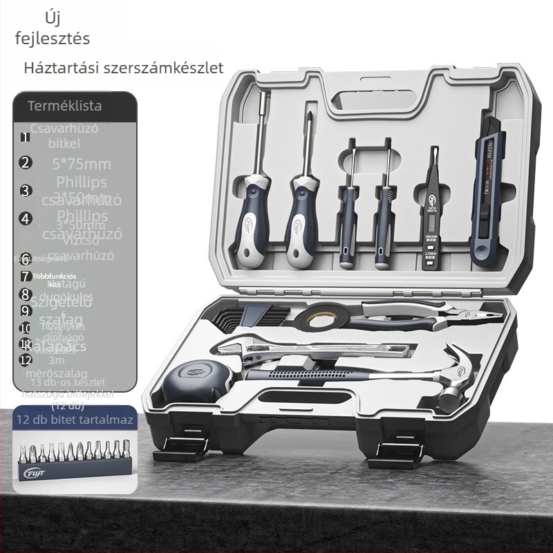 Fengwick 12 részes szerszámkészlet króm-vanádium acélból, kovácsolt, háztartási karbantartáshoz, többfunkciós szerszámos doboz
