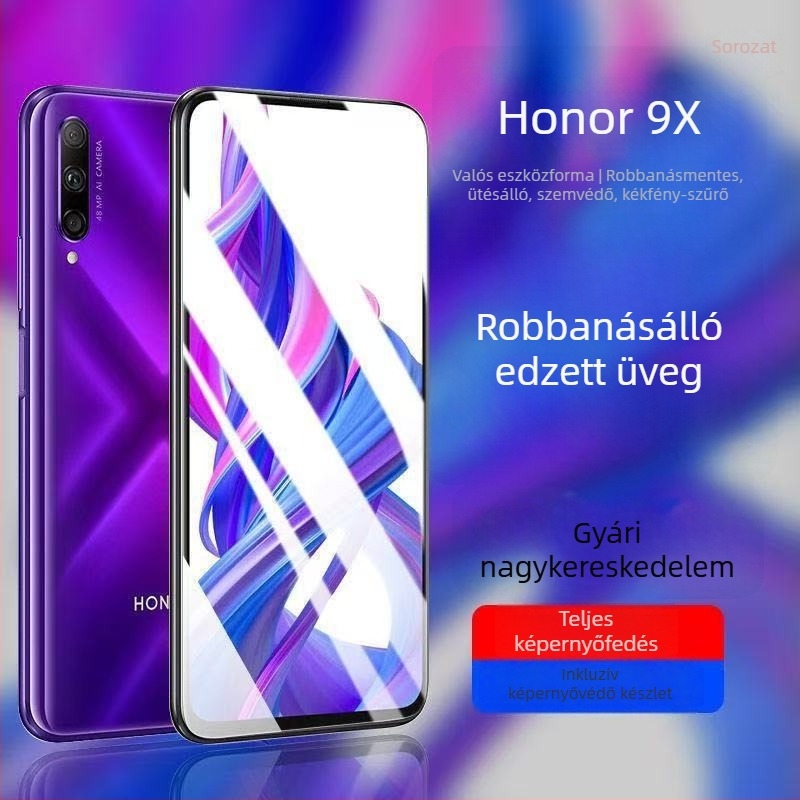 HONOR 9X/9X Pro számára edzett üveg képernyővédő teljes körű fedéssel, HD élességgel, ujjlenyomat-mentes, kékfény elleni védelemmel