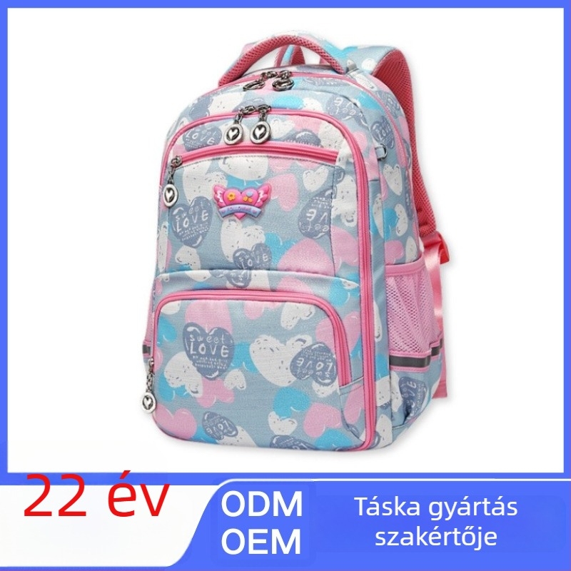 Fu Luo Fan nejlon iskolatáska lányoknak – általános iskola, lélegző, vízálló, kopásálló, terheléscsökkentés, gerincvédő kialakítás, szív minta