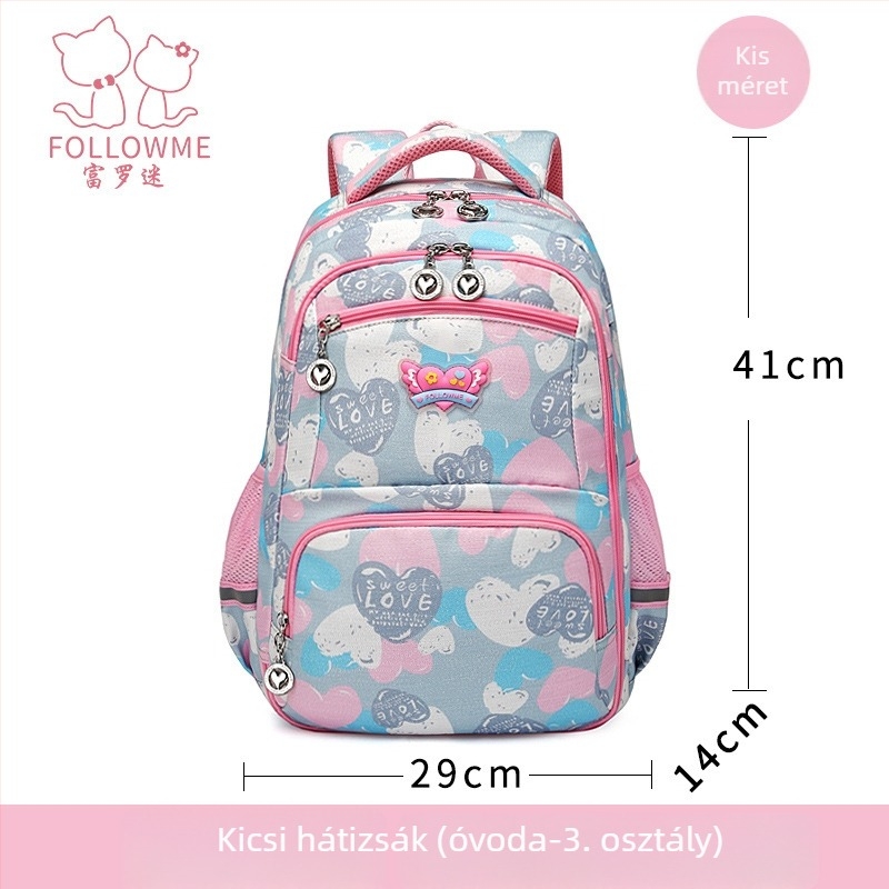 Fu Luo Fan nejlon iskolatáska lányoknak – általános iskola, lélegző, vízálló, kopásálló, terheléscsökkentés, gerincvédő kialakítás, szív minta