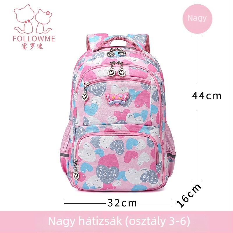 Fu Luo Fan nejlon iskolatáska lányoknak – általános iskola, lélegző, vízálló, kopásálló, terheléscsökkentés, gerincvédő kialakítás, szív minta