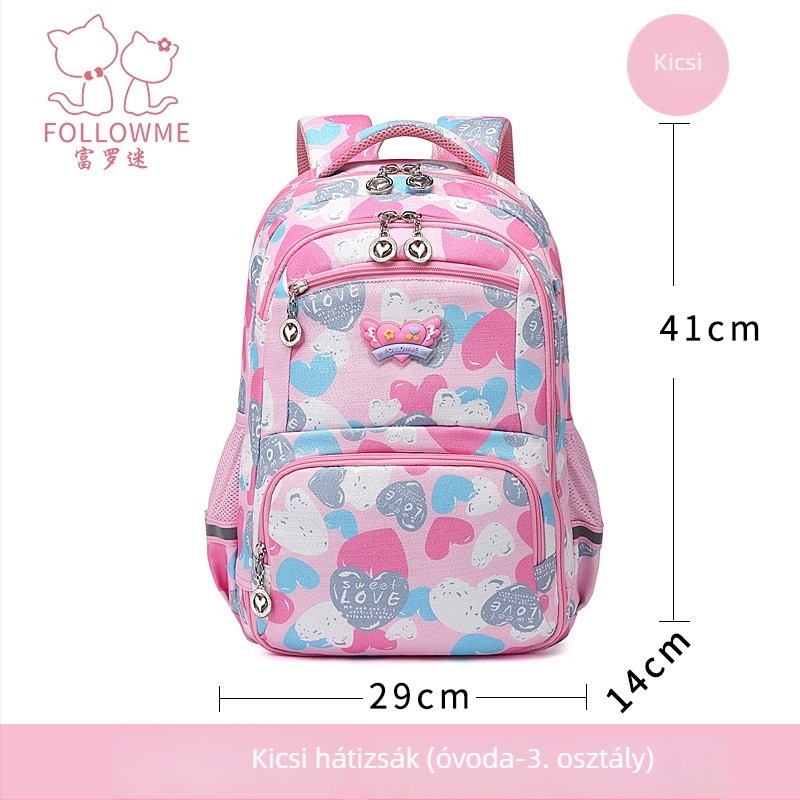 Fu Luo Fan nejlon iskolatáska lányoknak – általános iskola, lélegző, vízálló, kopásálló, terheléscsökkentés, gerincvédő kialakítás, szív minta