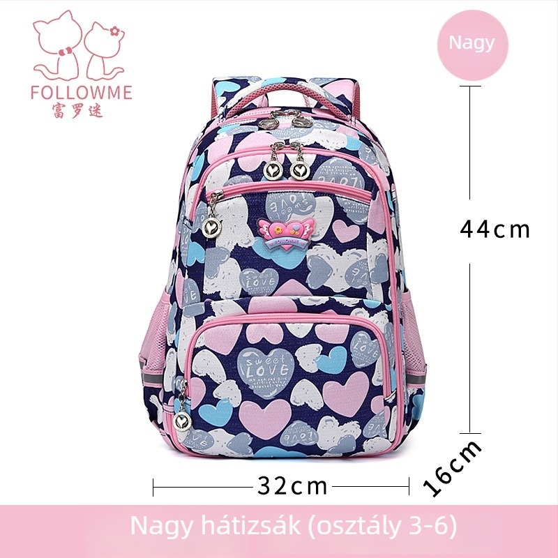 Fu Luo Fan nejlon iskolatáska lányoknak – általános iskola, lélegző, vízálló, kopásálló, terheléscsökkentés, gerincvédő kialakítás, szív minta
