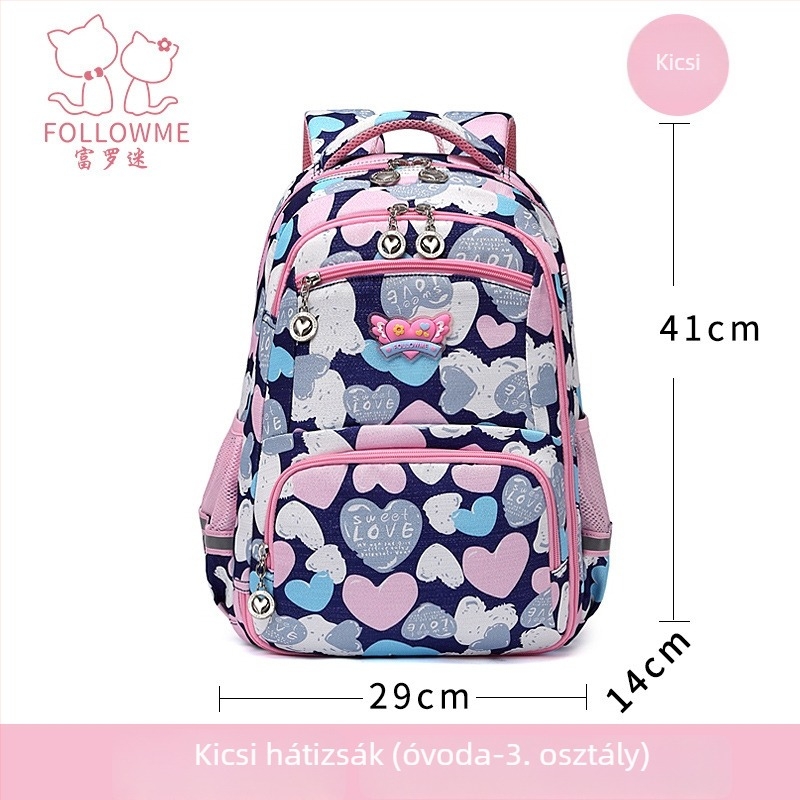 Fu Luo Fan nejlon iskolatáska lányoknak – általános iskola, lélegző, vízálló, kopásálló, terheléscsökkentés, gerincvédő kialakítás, szív minta