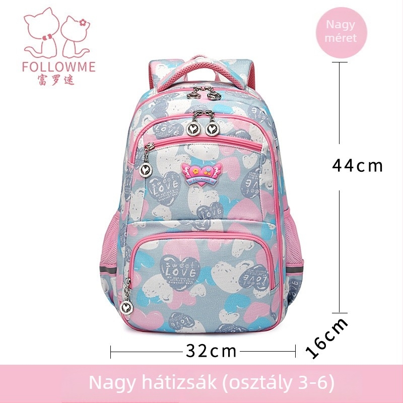 Fu Luo Fan nejlon iskolatáska lányoknak – általános iskola, lélegző, vízálló, kopásálló, terheléscsökkentés, gerincvédő kialakítás, szív minta