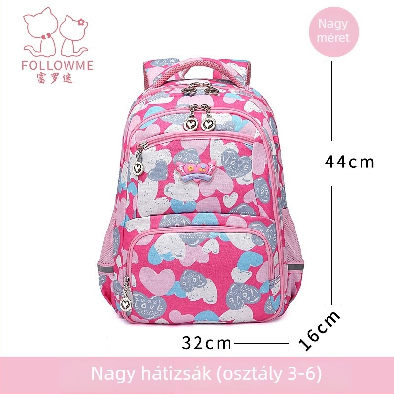 Fu Luo Fan nejlon iskolatáska lányoknak – általános iskola, lélegző, vízálló, kopásálló, terheléscsökkentés, gerincvédő kialakítás, szív minta