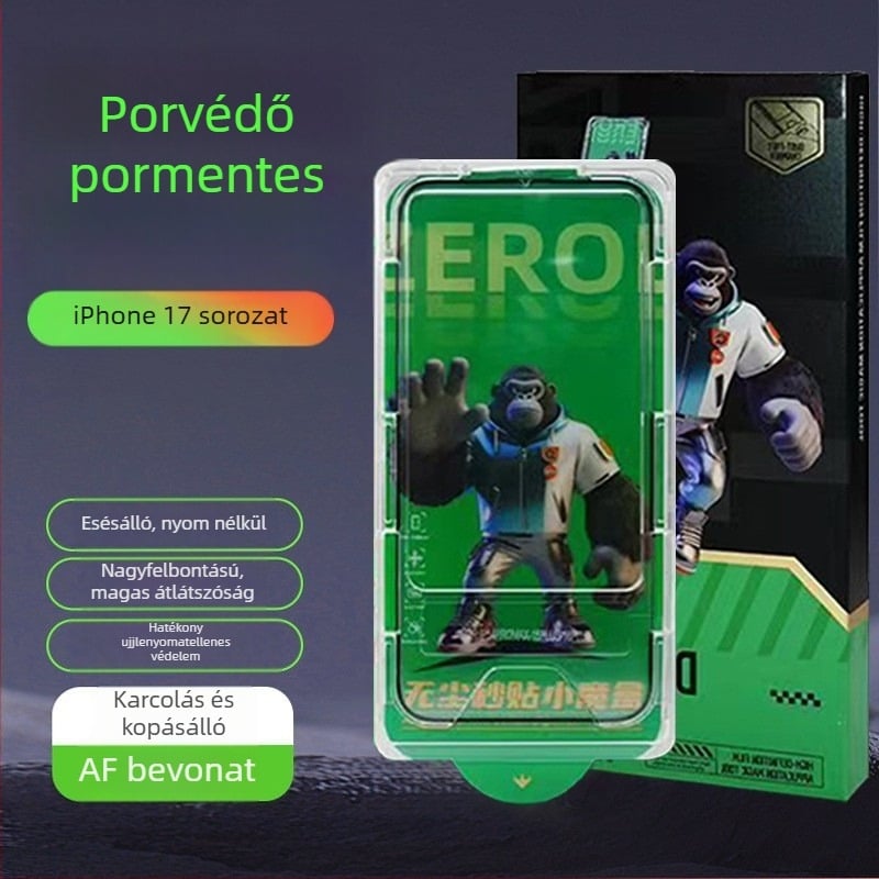 Edzett üveg elülső képernyővédő pormentes applikáló dobozzal iPhone 17 Pro Max számára – HD, ujjlenyomat-mentes, ütésálló, automatikus javítás, alkalmazó eszközök