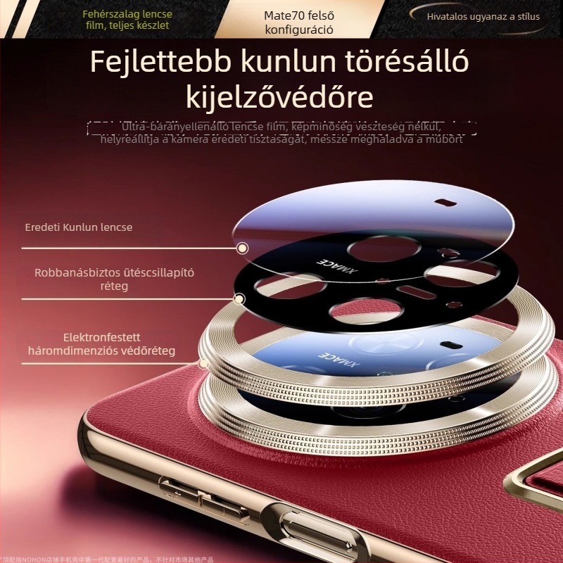 Huawei Mate70 Pro Premium bőrtok hátlap csuklóval és esésvédelmi funkcióval, elérhető fehér, piros, lila és fekete színben