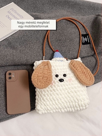 Gyapjúból kötött táska kutya motívummal, telefontartó zsebbel, vízszintes négyszög alakú forma, záródás