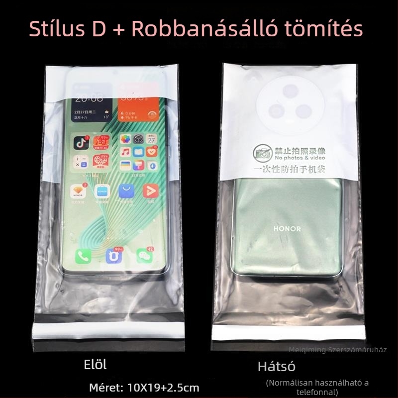 Egyszer használatos mobiltelefon-táska kamerafelvétel elleni védelemmel, magánéletet védő borítással és ragasztós zárással