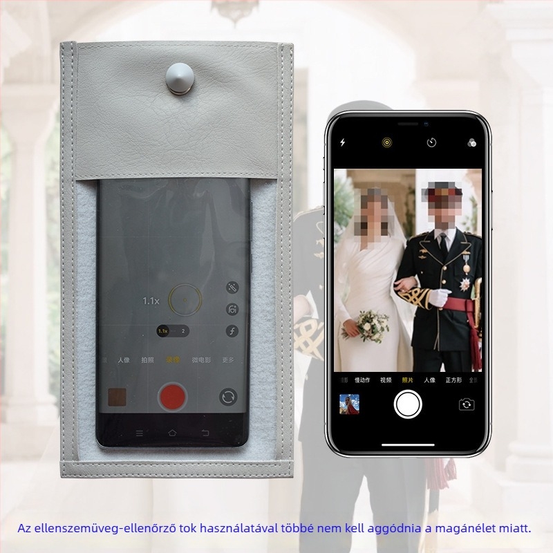 Mobiltelefon táska kamerázás elleni védelemmel, derékszögű kialakítás, PVC+PU anyag, uniszex, esküvőkre